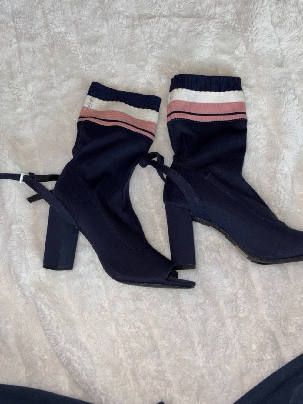 Navy Peep-Toe Sock Heel Boots with Pink & White Stripe